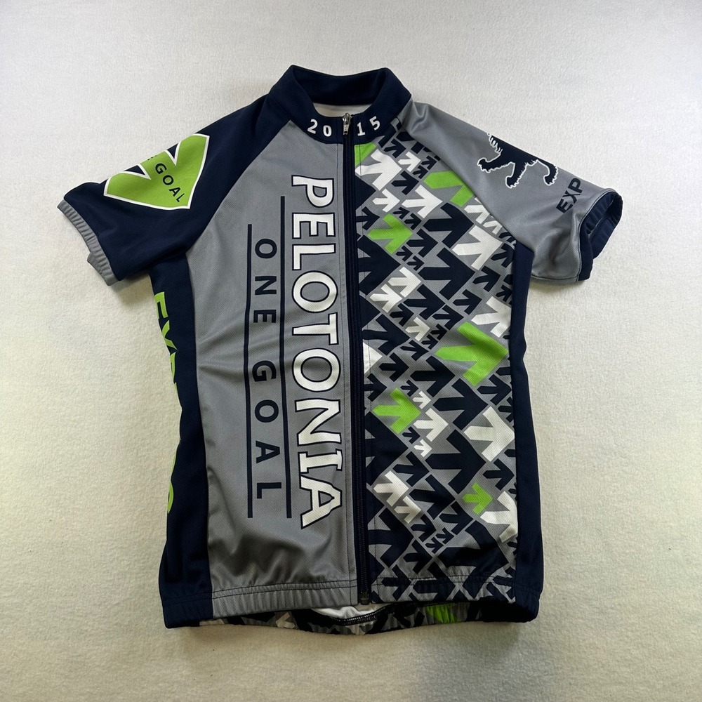 Express Pelotonia 2015 Cycling Jersey Mens Small Full Zip Grey Navy Green S